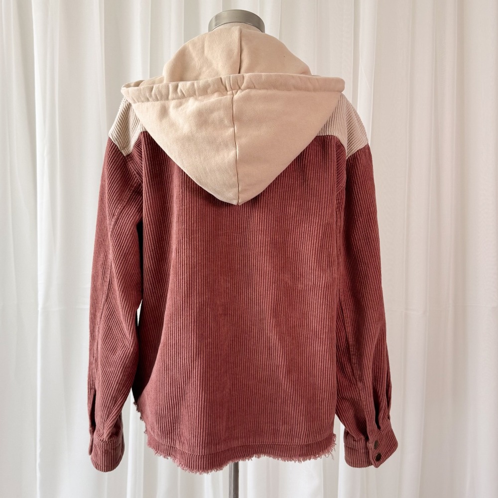 Pink Corduroy Jacket Hooded Button Up Shacket Cream Hood Cozy Layer M - Picture 4 of 5